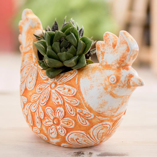 Orange Ceramic Hen Planter - Image 1